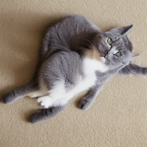 Image similar to gray cat stretching on beige carpet