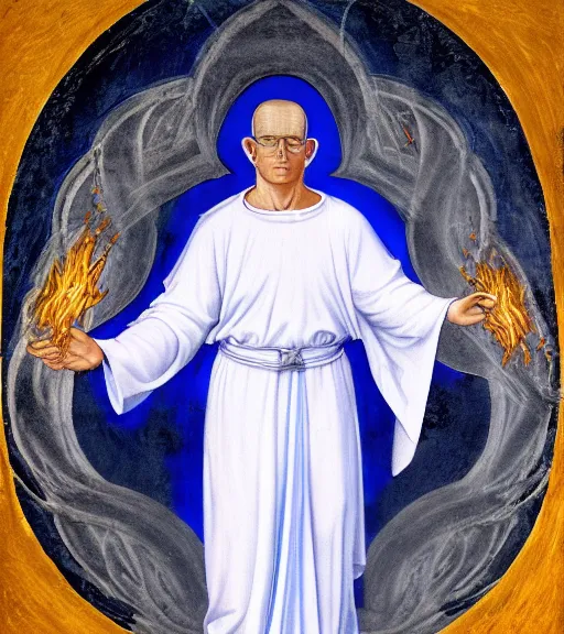 Image similar to hank hill wearing a white toga, emerging from blue fire, surrounded by blue flames, renaissance religious painting, late gothic religious paintings, byzantine religious art, painting by duccio di buoninsegna and carlo crivelli, trending on artstation