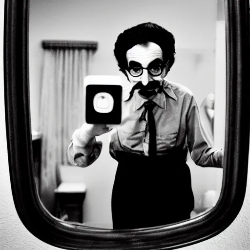 Prompt: bathroom mirror selfie of Groucho Marx, shot on iPhone