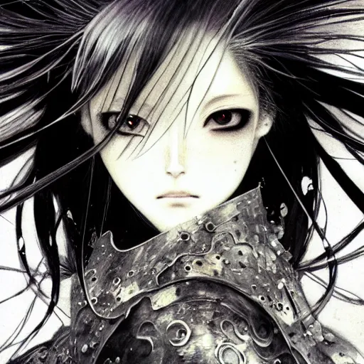 Image similar to yoshitaka amano blurred and dreamy realistic illustration of an anime girl with wavy white hair and cracks on her face wearing elden ring armour with the cape fluttering in the wind, abstract black and white patterns on the background, noisy film grain effect, highly detailed, renaissance oil painting, weird portrait angle