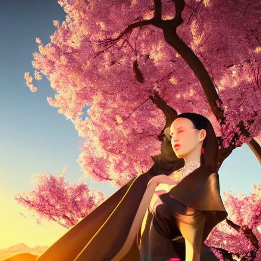 Image similar to innovative avant-garde art, deco fashion, japanese women, cherry blossom theme, highly detailed, photorealistic portrait, serene desert setting, golden hour, crisp quality and light reflections, unreal engine 5 quality render