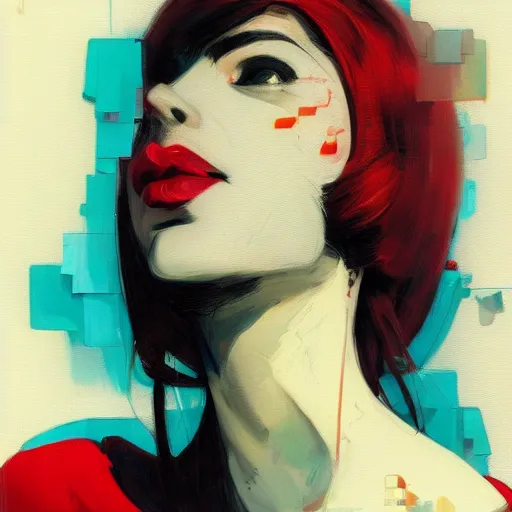 Image similar to portrait of a daydreaming melancholic latina woman in red habit being progressively rasterized into virtual pixels, she is surrounded by digital birds and a giant loving neon mecha robot is beside her, oil on canvas by yoji shinkawa, esao andrews, dave mckean and stina persson
