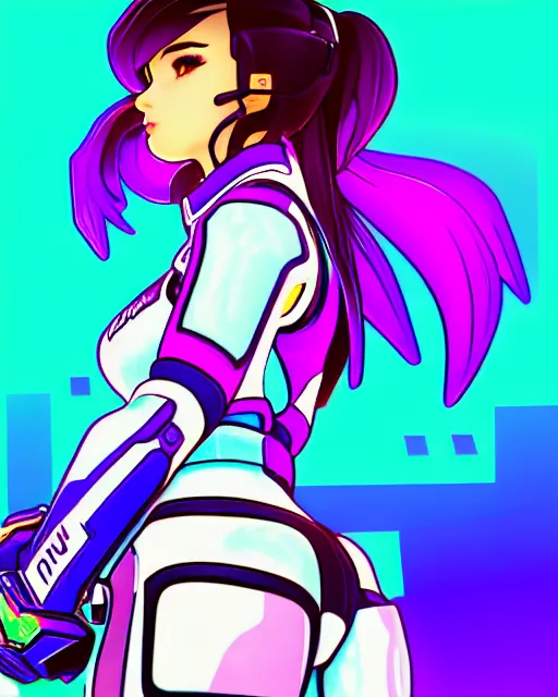 Image similar to chromatic aberration, drawing of d. va from overwatch, retro, vintage, cool, unique, interesting, original, vhs quality, adult swim, graphic