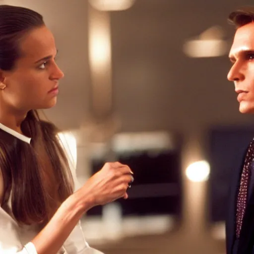 Prompt: Alicia Vikander and Patrick Bateman in American Psycho (1999)