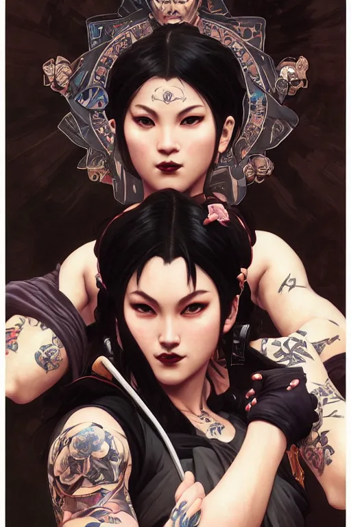 Image similar to portrait of goth Chun Li with yakuza tattoos, Street fighter, highly detailed, digital art from artstation by Ruan Jia and Mandy Jurgens, Alphonse Mucha and Artgerm and william-adolphe bouguereau