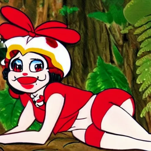 Image similar to a tex avery of reimu in the jungle wearing bonnet