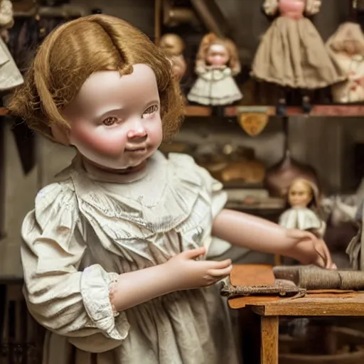 Prompt: close up portrait of a victorian human child standing in a doll maker's shop looking at all of the dolls, 8 k, soft lighting, highly detailed realistic, face in focus 1 8 9 0's