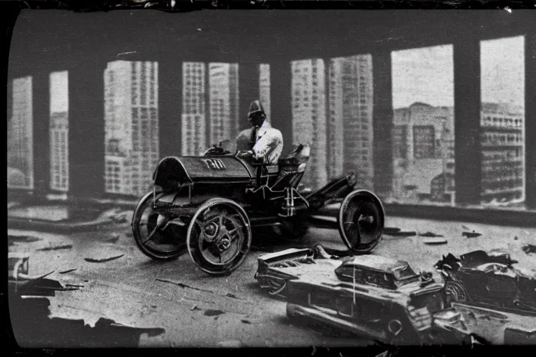 Prompt: cyberpunk 1 9 0 8 model ford t by paul lehr, metropolis, view over city, vintage film photo, damaged photo, scratched photo, scanned in, old photobook, silent movie, black and white photo