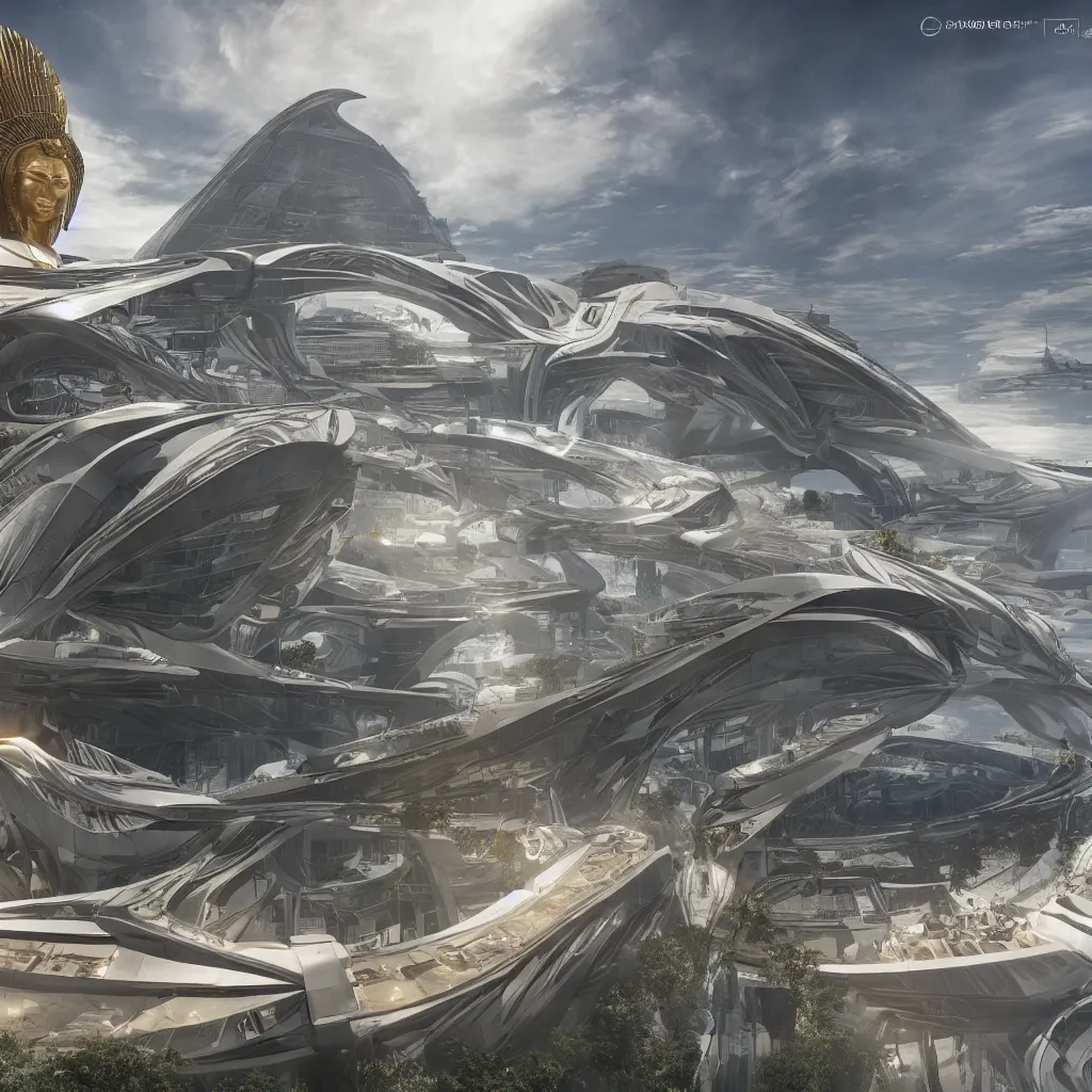 Image similar to a futuristic solar punk highly detailed temple to artificial intelligence designed by zaha hadid, a golden statue of athena stands in the center, immersive experience, panoramic view, unreal engine