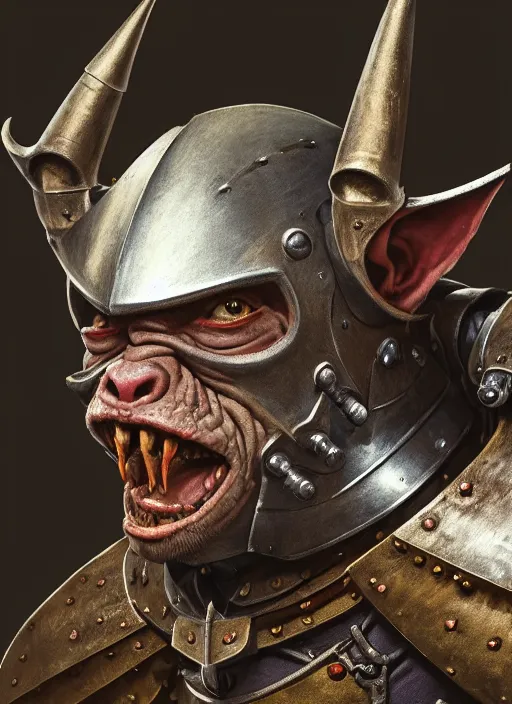 Prompt: highly detailed closeup portrait of a medieval goblin dressed as a knight, stephen bliss, unreal engine, greg rutkowski, ilya kuvshinov, ross draws, hyung tae and frank frazetta, tom bagshaw, tom whalen, nicoletta ceccoli, mark ryden, earl norem, global illumination, god rays, detailed and intricate environment