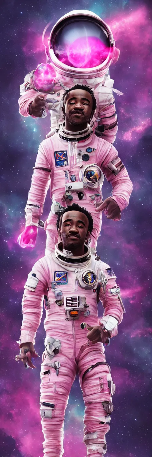 Image similar to Cinematic full body portrait of Lil Uzi Vert wearing a pink spacesuit, cinematic photograph, matte painting, trending on artstation, space clouds art