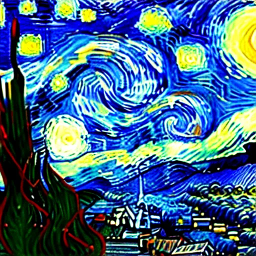 Image similar to starry night by vincent van gogh