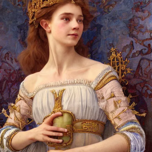 Prompt: a highly detailed portrait of a medieval french princess, translucent dress, beautiful detail and color, art by john collier and albert aublet and krenz cushart and artem demura and alphonse mucha, volumetric lighting, octane render, 4 k resolution, matte, sharp focus, illustration, art by jacque - louis david, baroque style