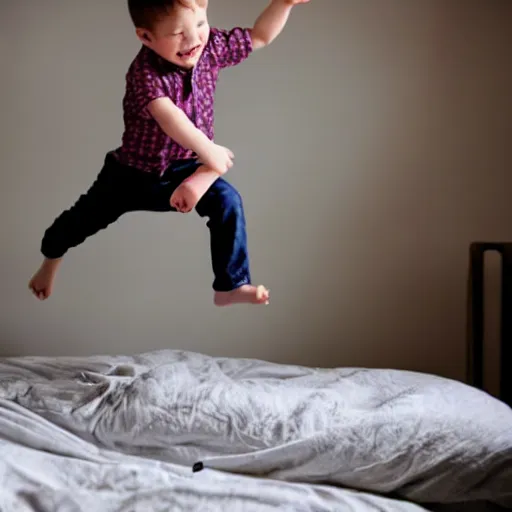 Prompt: little cute boy jumping on his bed, storybook style