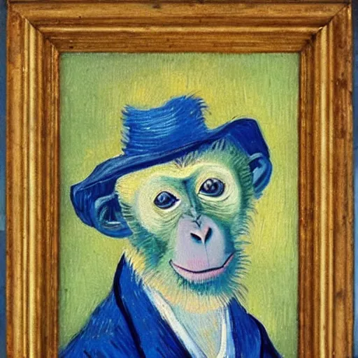 Image similar to a beautiful oil painting of a monkey in a blue top hat , 8k , award winning , made in 1800's , old , painted by vincent van gogh