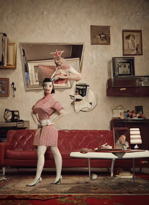 Image similar to wide - angle portrait of a retro 1 9 5 0 s living room, depth of field, zeiss lens, detailed, symmetrical, centered, fashion photoshoot, by nicoletta ceccoli, mark ryden, lostfish, breathtaking, 8 k resolution, extremely detailed, beautiful, establishing shot, artistic, hyperrealistic, octane render