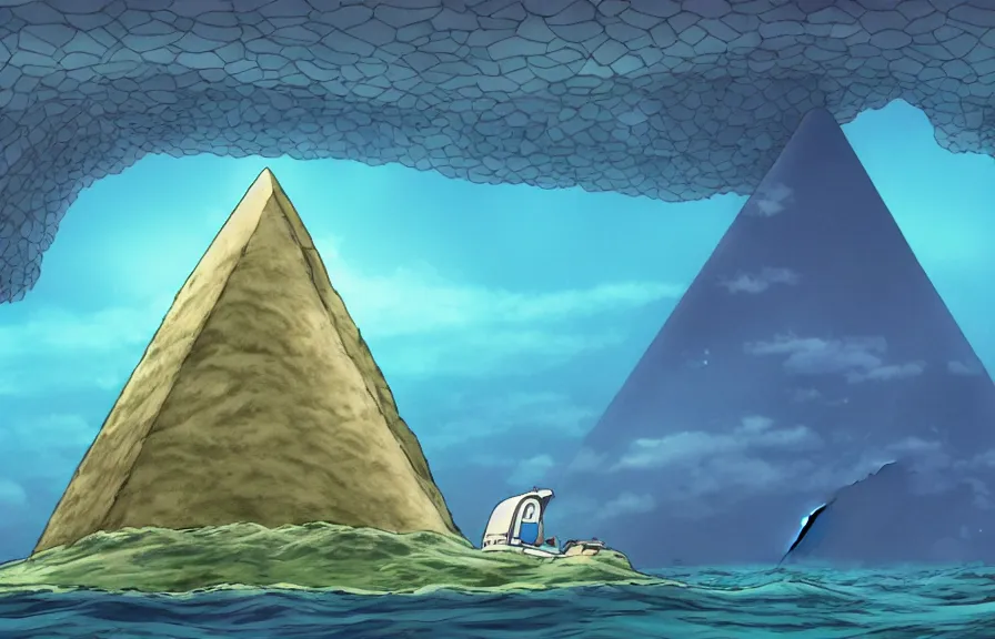 Prompt: a realistic studio ghibli cell - shaded cartoon showing an eel submarine swimming in front of a white pyramid underwater at the bottom of the sea. shafts of sunlight come from above. wide shot, very dull muted colors, hd, 4 k, hq