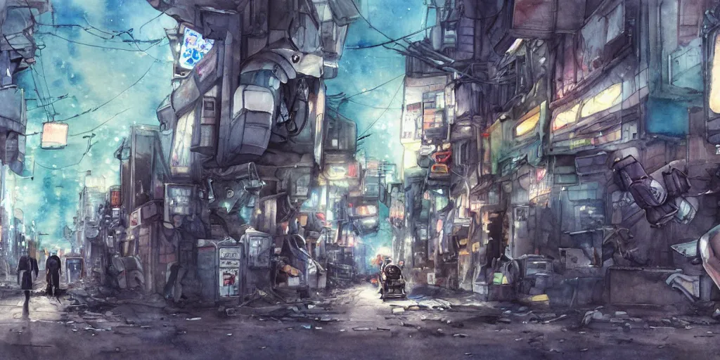 Image similar to watercolour painting of a broken robot repairing its own arm in a post apocalyptic city street, anime, pencil lines, light watercolour, pale sky, beautiful artwork, anime screenshot, akihabara