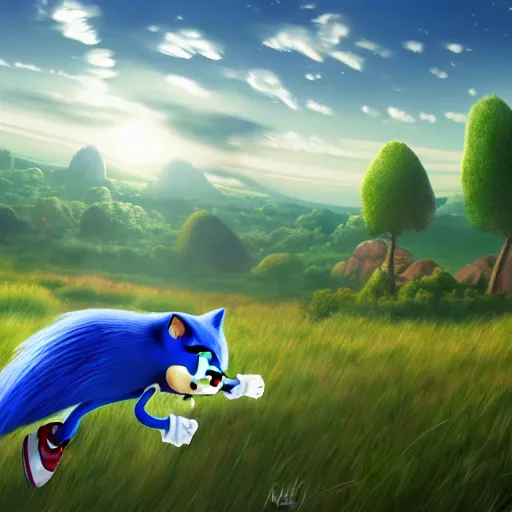 Image similar to sonic the hedgehog running through a field, matte painting, artstation, 4 k