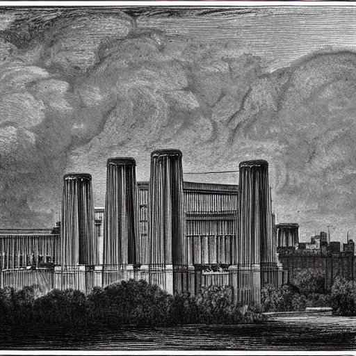 Image similar to A detailed engraving of a battersea power station in the style of gustave dore