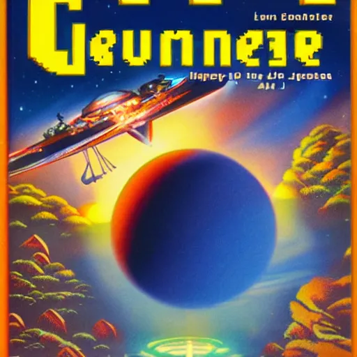 Prompt: video game box art of a commodore 6 4 game called journey to jupiter, 4 k, highly detailed cover art.