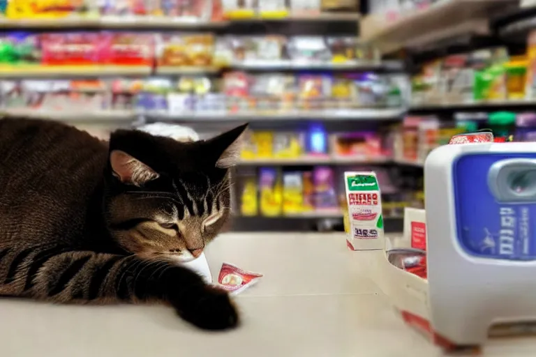 Image similar to cat on the counter in 7 - eleven next to a pack of cigarettes wide angle lens