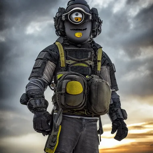 Prompt: minion styled tactical gear armor, 8 k shot, hd photo, reflection on metal