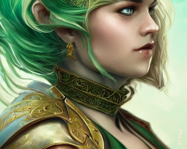 Image similar to A blonde emerald warrior, HD, illustration, epic, fantasy, intricate, elegant, amazing detail, digital painting, artstation, concept art, smooth, sharp focus, illustration, art by Turine Tran