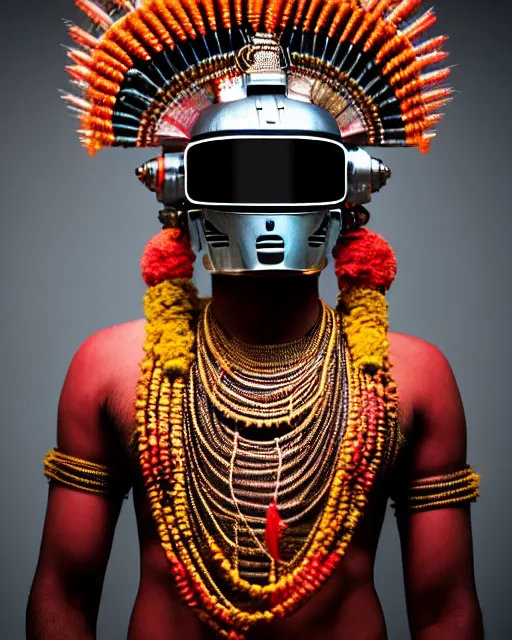 Image similar to photo of a Dramatic Theyyam male character with traditional headgear painted face wearing futuristic robocop LED goggles and futuristic robot armour with wide traditional ghaghra in the style of stefan kostic, full body, realistic, sharp focus, symmetric, 8k high definition, insanely detailed, intricate, elegant, art by stanley lau and artgerm, Hajime Sorayama, William-Adolphe Bouguereau