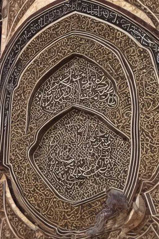 Image similar to taj mahal detail, arabic calligraphy marble inlay on Taj mahal, photorealistic, insanely detailed and intricate, high detail