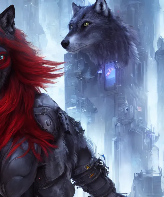 Prompt: portrait of a male anthropomorphic dark gray wolf, long red hair, blue eyes, in a futuristic city, hyper detailed, digital art, trending in artstation, cinematic lighting, studio quality, smooth render, unreal engine 5 rendered, octane rendered, art style by pixar dreamworks warner bros disney riot games and overwatch.