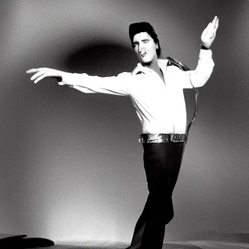 Image similar to black and white photograph of elvis dancing, in an alien spaceship