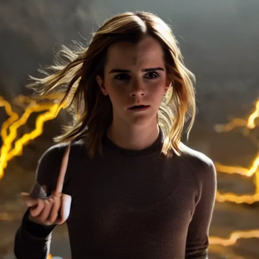 Image similar to photo of emma watson holding bright energetic thunderbolts in her hands. cinematic