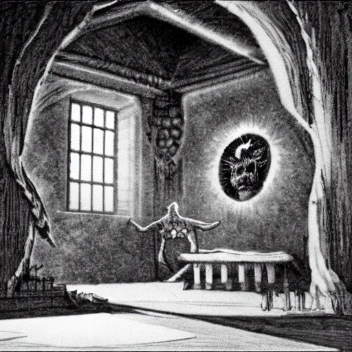Image similar to room of the ritual, place where the invocation of a demon will take place, sandman
