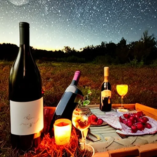 Image similar to romantic picnic with wine bottles under the stars
