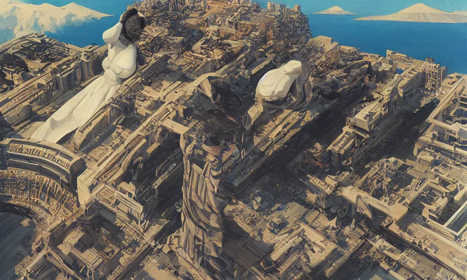 Prompt: digital art, birds eye view of a massive greek sculpture a beautiful massive female statue surrounded hovering over ensenada, by syd mead color scheme, sci - fi, arik roper, kirby krackle, concept art