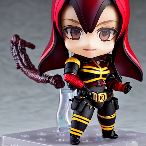 Image similar to wide photograph of cute bee nendoroid with themed crimson - black armor, portrait, hyperdetailed, artstation, cgsociety, 8 k, by tangerine dream