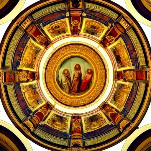 Image similar to photo of an ornated circular ceiling, full of paintings of angels, centered symmetrical highly detailed