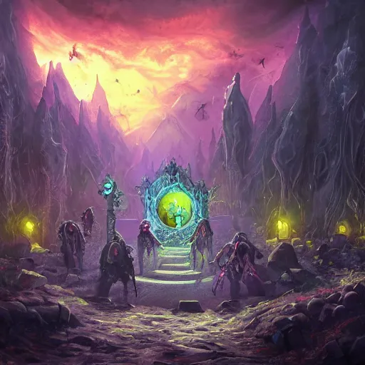 Prompt: necromancer summon minions in dark grave, acrilic paint, digital, artstation, detailed intricate ink illustration, heavenly atmosphere, digital art, overdetailed art, concept art, complementing colors, trending on artstation, cgstudio, the most beautiful image ever created, dramatic, subtle, details, award winning artwork, beautiful scenery