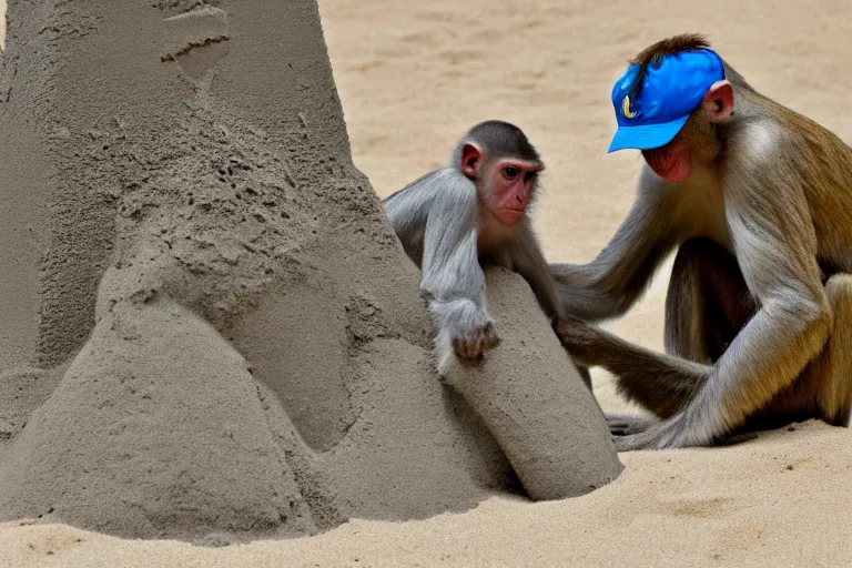 Image similar to a monkey touching a sand castle