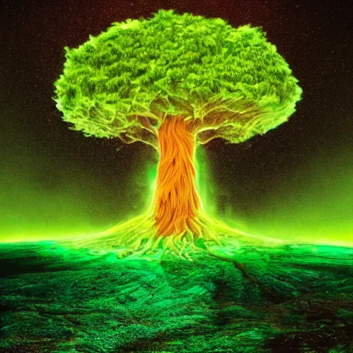 Image similar to giant tree of life being consumed by green lava