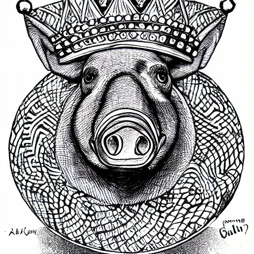 Image similar to detailed line art doodle sketches of a pig wearing a gold crown in the style of alan moore