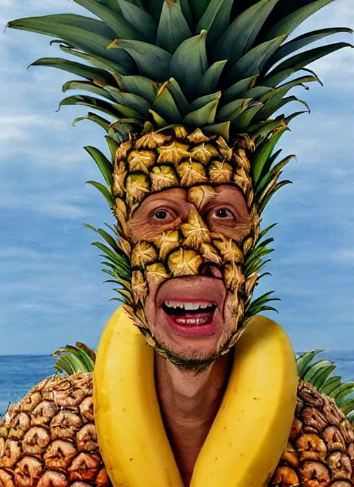 Prompt: jeff goldblum playing pineapple maracas dressed as a banana on the beach by arcimboldo giuseppe