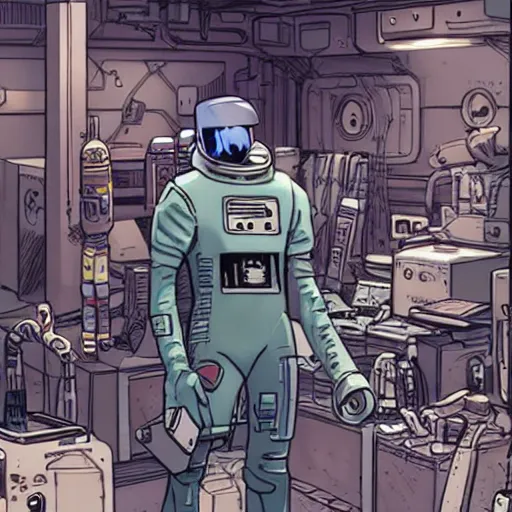 Image similar to a space merchant in their shop, cyberpunk, sci-fi, in the style of Ashley Wood and Moebius