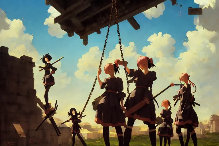 Prompt: baroque oil painting of key visual environment concept art of anime maids executing a war criminal by public hanging, brutalist, dark fantasy, rule of thirds golden ratio, fake detail, trending pixiv fanbox, acrylic palette knife, style of makoto shinkai studio ghibli genshin impact james gilleard greg rutkowski chiho aoshima