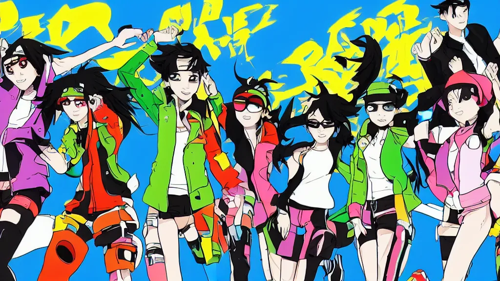 Image similar to jet set radio style anime, with diverse female characters on skates, set in colourful future city