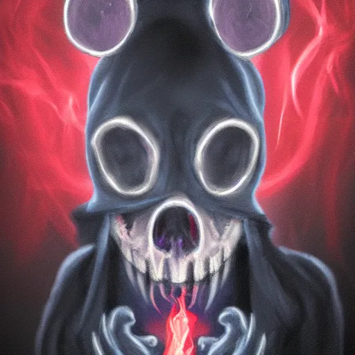 Prompt: a ghostly anthropomorphic rat with skull face and glowing red eyes wearing black tattered robes and holding two blue flames, grim reaper except a rat, photorealistic, artstation