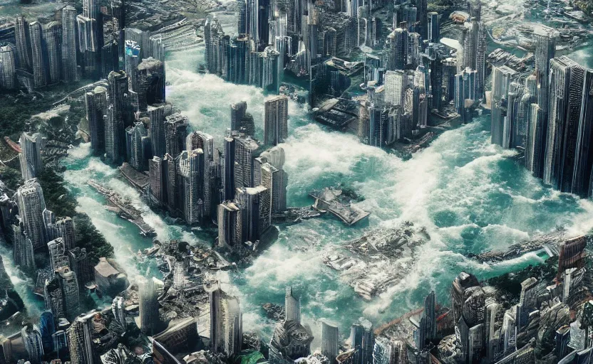 Image similar to a photo of a metropolis built on a island floating above the sea in the sky, waterfalls fall from the island into the sea, cinematic, 8 k, highly - detailed