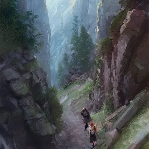 Image similar to Time to climb the mountain path, digital art by Krenz Cushart