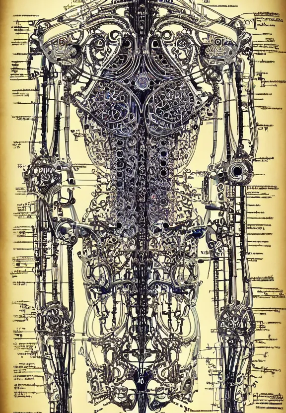 Image similar to schematic blueprint of highly detailed ornate filigreed convoluted ornamented elaborate cybernetic medical equipment, art by da vinci